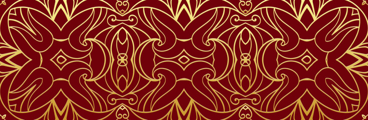 Banner, luxury cover design. Relief geometric ethnic 3D pattern on a red background. Gold ornaments, arabesques, handmade. Boho motifs, traditions of the East, Asia, India, Mexico, Aztec, Peru.