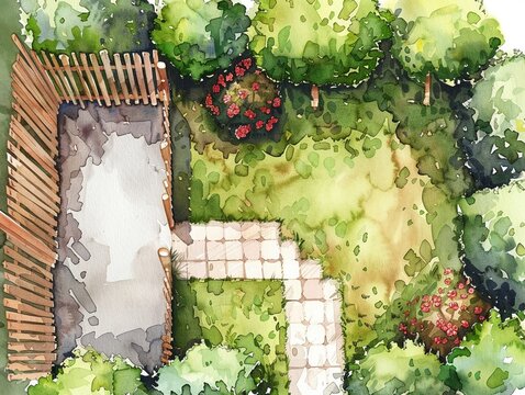 Fence installation flat design top view property boundary watercolor Splitcomplementary color scheme