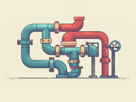 recommend clip art: Plumbing system flat design side view pipe installation cartoon drawing Splitcomplementary color scheme