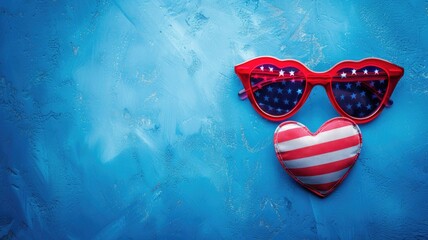 Heart and sunglasses with American flag design on blue background