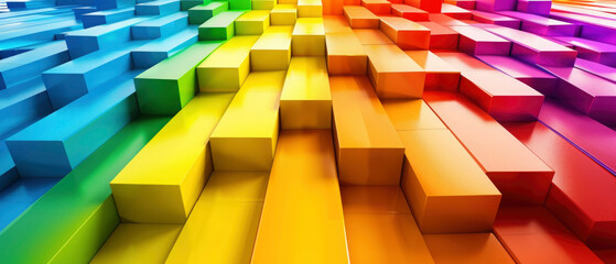 Closeup of rainbow colored colorful geometric shapes of stripes and lines in layers 3d gradient background texture wall pattern