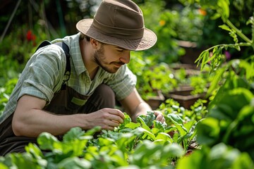 A gardener inspecting vegetable plants in a lush garden. Close-up of a young man wearing a hat and green shirt, carefully examining the plants, highlighting attentive and organic gardening practices.
