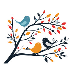 Three colorful birds perched autumn branches leaves berries. Stylized graphic avian friends fall nature setting, isolated white background. Birds blue, orange, black foliage red, yellow, orange