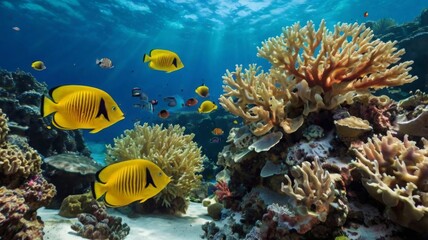 Naklejka premium Animals of the underwater sea world. Ecosystem. Colorful tropical fish. Life in the coral reef.