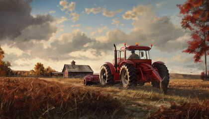 Fototapeta premium Tractor drives across large field making special beds for sowing seeds into purified soil. Agricultural vehicle works at sunset in countryside 