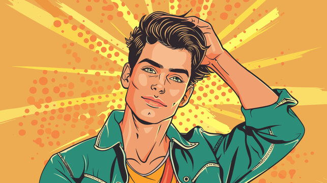 handsome man in a green jacket on an orange background vector flat illustration in comic style