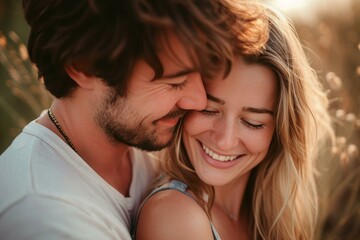 Fototapeta premium Intimate portrait of a happy couple sharing a tender moment amidst golden hour