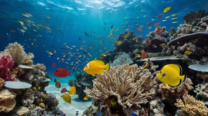 Animals of the underwater sea world. Ecosystem. Colorful tropical fish. Life in the coral reef.
