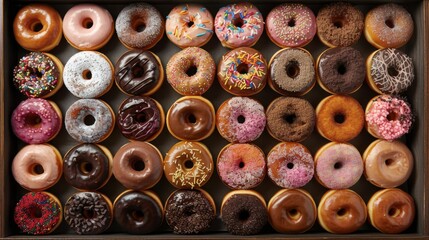 Fototapeta premium Assorted Donuts: A top-down view of a box filled with an assortment of donuts, including sprinkles, chocolate glaze, and powdered sugar varieties. Showcasing the variety and vibrant colors. 
