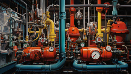 A vibrant array of industrial machinery with colorful pipes and gauges.
