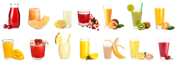 Set of fresh juices on white background