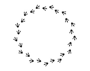 Dinosaur footprints circle border .   Dragon footprints circle shaped border. Vector doodle illustration isolated on white background.
