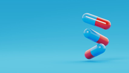 Three blue red capsules, pills float on blue background. Medicinal treatment, tablet, cure concept. Place for text. 3d render illustration