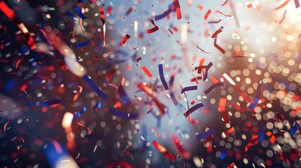 Colorful confetti falling with bokeh lights in background, creating festive atmosphere