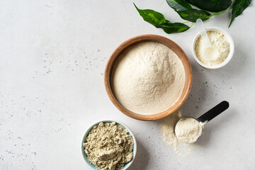 Different powder protein with scoop in plates