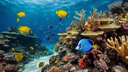 Fototapeta premium Animals of the underwater sea world. Ecosystem. Colorful tropical fish. Life in the coral reef.