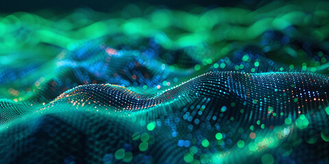Abstract digital background with glowing green and blue waves of data points
