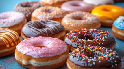 Assorted Donuts: A top-down view of an assortment of donuts, including sprinkles, chocolate glaze, and powdered sugar varieties. Showcasing the variety and vibrant colors. 