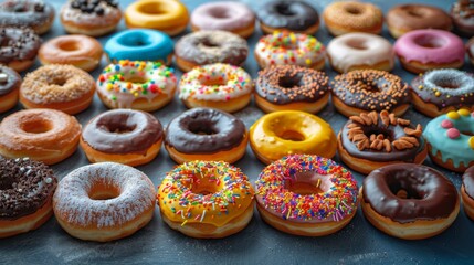 Assorted Donuts: A top-down view of an assortment of donuts, including sprinkles, chocolate glaze, and powdered sugar varieties. Showcasing the variety and vibrant colors. 