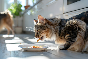 A curious happy cat licks eating cat food from white plate in a modern kitchen with white cabinets and light grey countertops. Sunlight pours in from large window, illuminating the cat's glossy coat