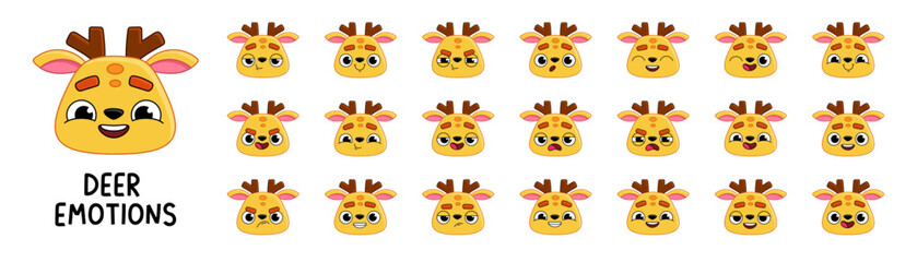 Deer character head set. Mascot stickers with different emotions. Vector cute character animal, pet