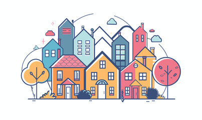 Cheerful stylized cityscape illustration European town colorful houses line art. Quaint urban neighborhood trees pastel shades graphic modern flat design. Trendy residential district streetscape