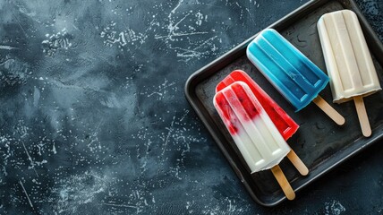 Delicious red, white, and blue popsicles on dark tray