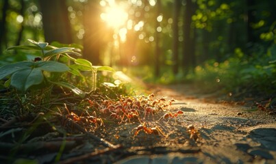 Fototapeta premium Ants scurrying along a forest trail