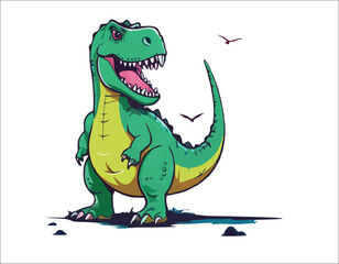 Fototapeta premium Vector design for children's t-shirt. Green dinosaur raptor with open mouth isolated on white background. Pattern for textiles, fabric, clothing for boy in cartoon style.