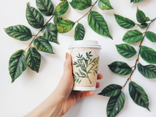 Hand holding a white paper coffee cup with a black lid mockup in a close up shot on a light grey 
