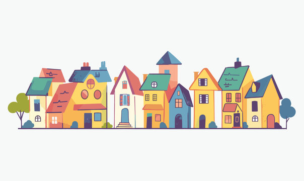 Colorful cartoon suburb neighborhood houses, town buildings, cartoon colorful residential architecture. Quaint town street various home designs, trees, stylized urban illustration. Pastelcolored