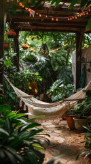 Obraz premium A cozy hammock in a lush garden