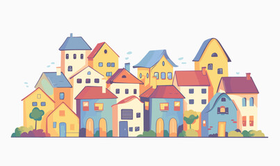 Colorful European village houses, quaint old town street, architecture. Cheerful pastelcolored buildings, whimsical village scene illustration. Cartoon style urban landscape, charming town houses