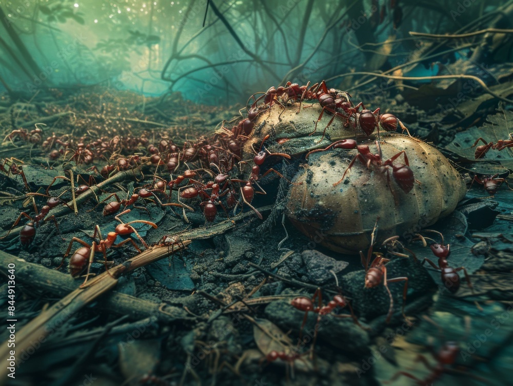 Poster close-up of a colony of red ants carrying a snail shell through a forest. ai.