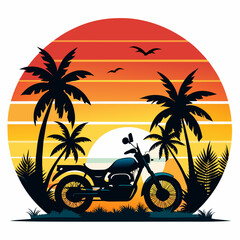 Vibes t-shirt design, black silhouette illustration vintage retro sunset with trees and motorcycle and summer filling, isolated design on white background