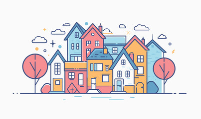Colorful townhouses lined up create friendly neighborhood scene, house displays unique features, colors, design elements windows doors. Skies above eclectic architecture decorated clouds small