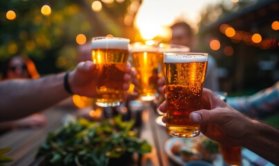 Cheers! Clink glasses. Close-up shots of hands holding beer glasses and beer bubbles.