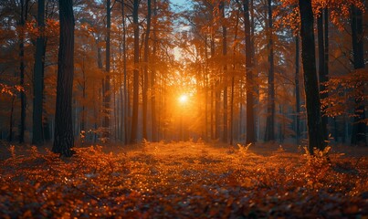 Fototapeta premium Autumn forest panorama in sunlight