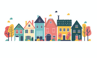 Stylized colorful houses trees serene neighborhood quaint town. Row various buildings cute urban scene flat design. Fall ambiance peaceful village pastel hues home exterior