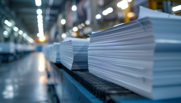 Close-up of stacks of white paper in a printing factory. AI.