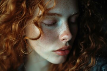 Fototapeta premium Close-up portrait of a woman with curly red hair and freckles in a peaceful, contemplative pose