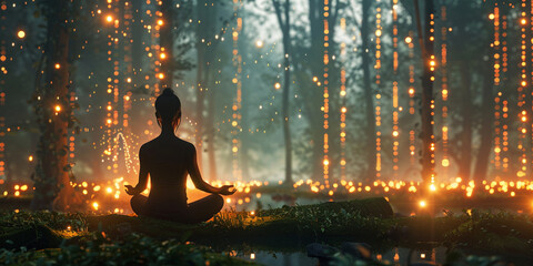 A serene meditation scene set in the heart of an enchanted forest, with fireflies illuminating the silhouette of a meditating figure surrounded by nature's tranquility