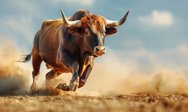 Bull running in the dust. Bull with big horns in bullfight