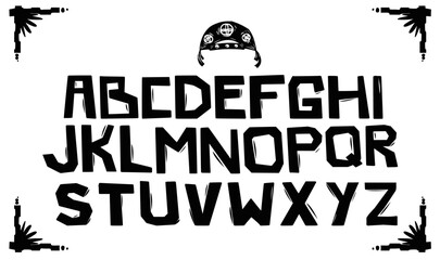 Woodcut style alphabet with a leather hat. Typical symbols of northeastern Brazil.