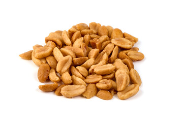 Salted and roasted peanuts, isolated on white background.