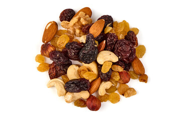 Healthy snack: mixed nuts and dried fruits, isolated on white background.