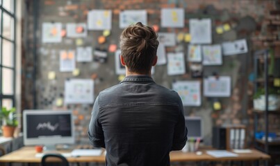 A man standing in front of a wall covered in sticky notes, back view, creative concept of strategic business planning, organization of thinking