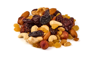 Healthy snack: mixed nuts and dried fruits, isolated on white background.