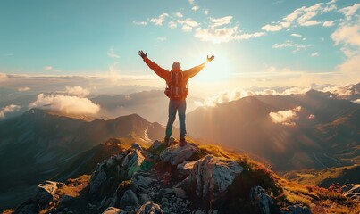 Hiker with arms outstretched standing on top of a mountain peak, Hiker celebrating success on the top of a mountain, Full rear view