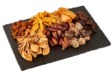 Delicious nuts and snacks cheeseboard, isolated on white background. High resolution image.